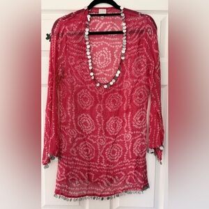Women's Pink Long-Sleeve Patterned Tunic Top beachwear